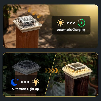 Glass Solar Post Cap Lights with Crystal Style - Decorative Deck Fence Lights for 4x4 5x5 Posts Hidden Solar Panel, Modular Design, 10Hr Runtime, IP65, Warm White, White, 4 Pack