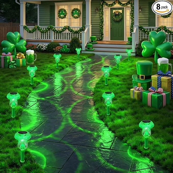 Solar Lights Outdoor, St Patricks Day 8 Pack Mushroom Landscape Lights Waterproof, Solar Powered LED Lighting for Garden Yard Path Pathway Lawn Walkway Driveway Backyard Decor (Green)