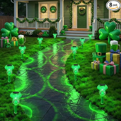 Solar Lights Outdoor, St Patricks Day 8 Pack Mushroom Landscape Lights Waterproof, Solar Powered LED Lighting for Garden Yard Path Pathway Lawn Walkway Driveway Backyard Decor (Green)