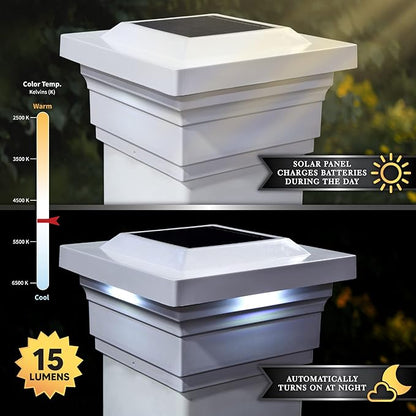 Classy Caps SL075W 5x5 Majestic Solar Post Cap - White – High-Performance Solar LED Lights, Durable PVC (Vinyl) Construction, Weather-Resistant, Ideal for Outdoor, Warm & Cool Light Modes