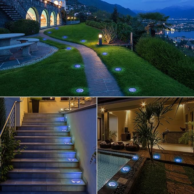 8-Pack Solar Ground Disk Lights, Blue Waterproof LED