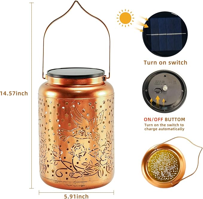 Rustic Hummingbird Solar Lanterns for Garden, Waterproof LED