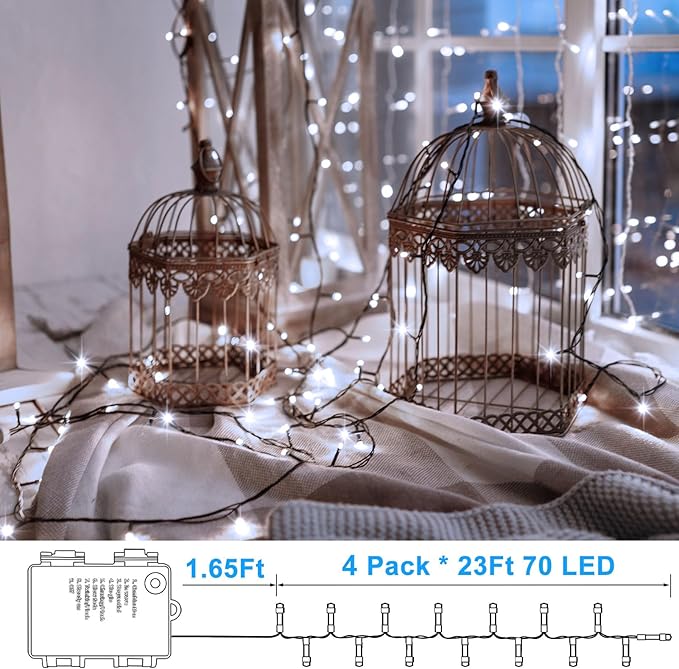 4 Pack String Lights Battery Operated, Each 23ft 70 LED Christmas Lights with Timer 8 Modes Fairy String Lights for Indoor Outdoor Wedding Garland Xmas Tree Decoration (Cool White)