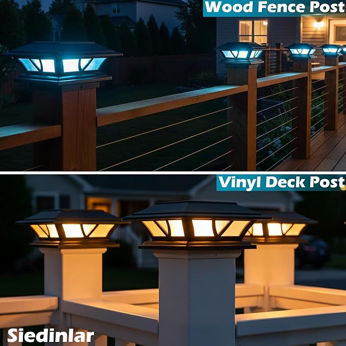 SIEDiNLAR Solar Post Lights Outdoor 2 Modes LED Deck Fence Cap Light for 4x4 5x5 6x6 Posts Patio Garden Decoration Warm White/Cool White Lighting Black (4 Pack)