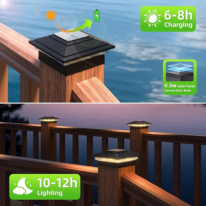 Post Cap Lights Outdoor 4pack, Waterproof Fence Post Solar Lights for 4x4 5x5 6x6 Wood/Vinyl Posts, Black Solar Deck Post Lights with 2 Color Modes Decorate Garden Patio Porch Backyard