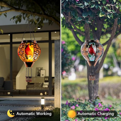 DREAMSOUL Cardinal Hot Air Balloon Solar Lantern, Metal Solar Lantern with Flickering Flame, Solar Lanterns Outdoor Waterproof for Lawn Patio Decor