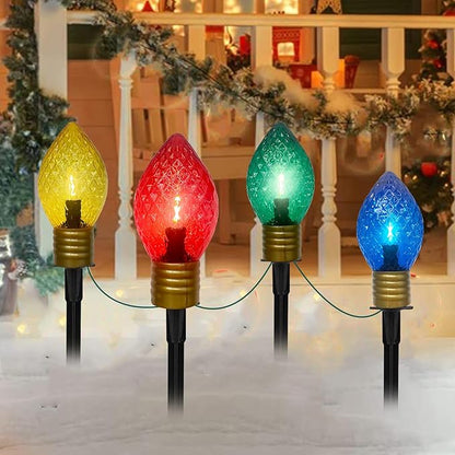Jumbo C9 Christmas Pathway Lights Outdoor, 2 Pack Total 14Ft 8 LED C9 Giant Multicolor Christmas Walkway Lights, Connectable Outdoor Xmas Decorations Stakes Lights for Lawn Yard Garden Holiday