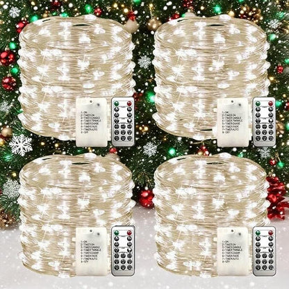 Christmas 4 Pack 33Ft 100 Cool White Led Fairy Lights Battery Operated with Remote Control Timer Waterproof Silver Copper Wire Twinkle Lights