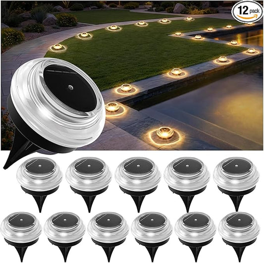 Solar Ground Lights Outdoor 12PK - IP67 Waterproof Solar Pathway Lights, Garden Lights Solar Powered, Outdoor Solar Lights for Yard, Landscape Lighting for Patio Driveway Backyard Decor(Warm White)