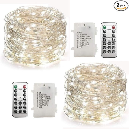 2 Pack 20 Feet 60 Cold White Led Fairy Lights Battery Operated with Remote Control Timer Waterproof Silver Copper Wire Twinkle String Lights for Party Bedroom Wedding Christmas Decorations