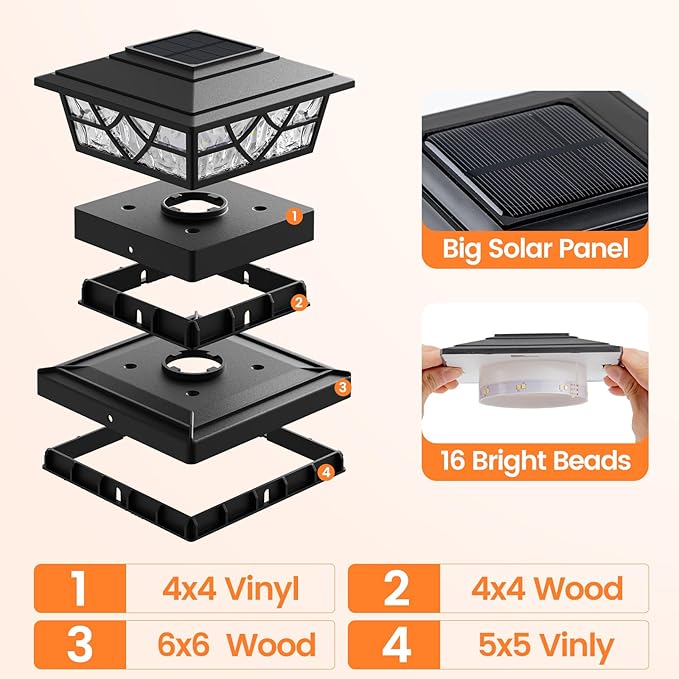 APONUO Solar Post Cap Lights 4 Pack for 4x4 5x5 6x6 Wood Vinyl Fences - IP64 Waterproof, Auto On/Off, Solar Powered Post Lights, Warm Cool White, Deck Patio Yard Decor, Black
