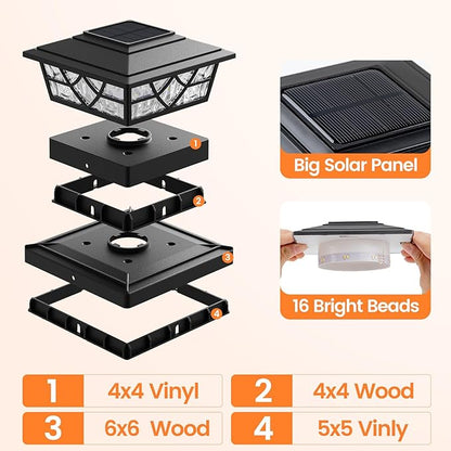 APONUO Solar Post Cap Lights 4 Pack for 4x4 5x5 6x6 Wood Vinyl Fences - IP64 Waterproof, Auto On/Off, Solar Powered Post Lights, Warm Cool White, Deck Patio Yard Decor, Black
