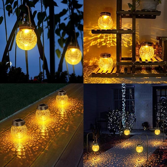 DBF Solar Lanterns Outdoor Waterproof, 4 Pack Hanging Solar Lights Outdoor Garden Decor, Amber Warm & RGB LED Globe Cracked Glass Ball Lantern for Yard Tree Fence Patio Porch Events Deck Pathway