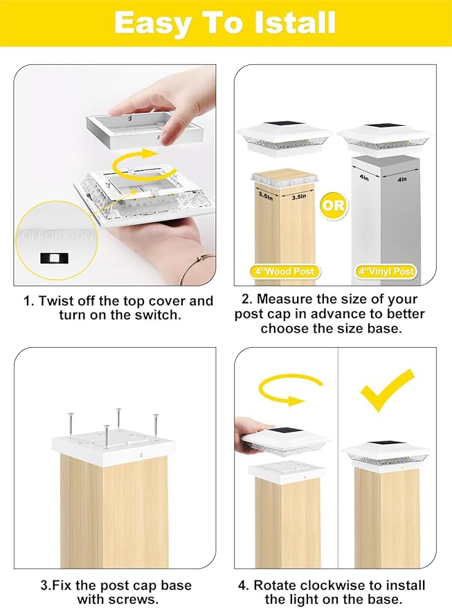 T-SUN 4x4 Post Cap Lights 18 Pack for Vinyl/Wooden Fence,Outdoor Waterproof Warm & Cool White, Deck Solar Post Lights for Patio Garden Yard Lighting