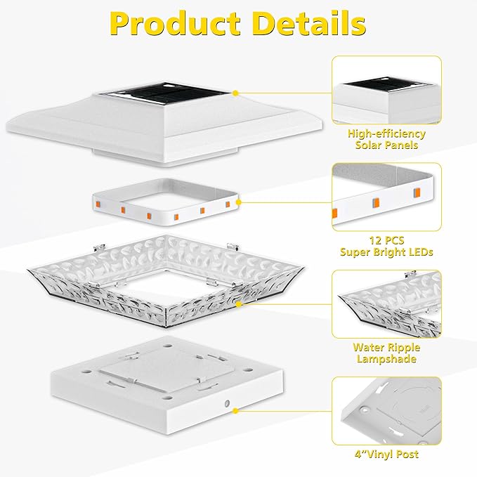 T-SUN 4x4 Solar Post Cap Lights Outdoor 24 Pack, Warm White LED Fence Post Solar Lights Fit for 4x4 Vinyl Posts, Waterproof Deck Light Solar Powered for Garden Patio Gate Porch