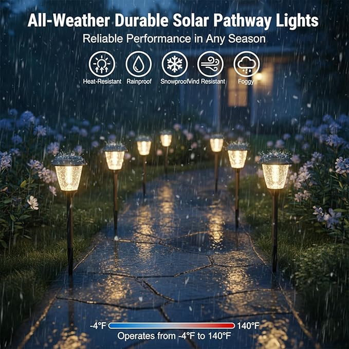 XMCOSY+ Solar Lights Pathway Outdoor - 2 LED Modes 10/25 LM Solar Powered Yard Garden Lighting, Waterproof IP65 Glass Stainless Steel Landscape Lights for Driveway Walkway Sidewalk Decor (Warm White)