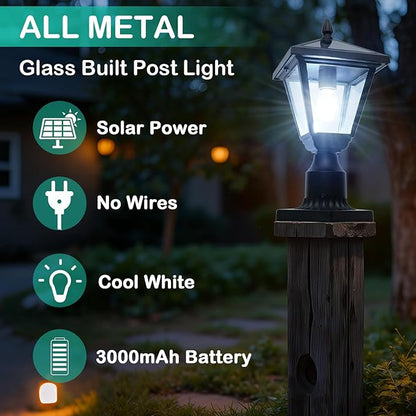 Solar Post Lamp Lights, Metal and Glass Built Dusk to Dawn Solar Post Lights with Pier Mount Base, 6000K Outside Lights Outdoor Waterproof for Garden Yard Pole Pillar(Cool White)