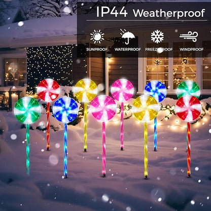 Outdoor Christmas Decorations Solar Pathway Lights, Set of 10 Lollipops Peppermint Stake Lights, 8 Modes Candy Cane Walkside Lights, Outdoor Xmas Decoration for Walkway,Yard (10PCS-Multi)