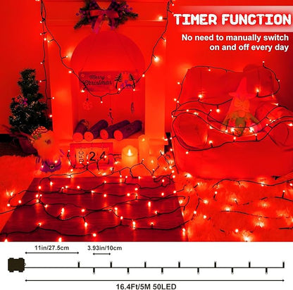 Red Christmas Lights Outdoor Battery Operated String Lights Total 100LED 33Ft with Timer 8 Modes 16.4Ft*2 Waterproof Outdoor Indoor for Christmas Decor, Red, 2-Pack