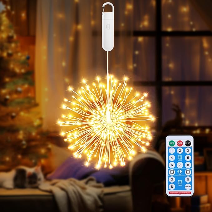 Hanging Firework Lights: Twinkle String Fairy Lights with Remote - 120 LED 8 Modes Dimmable - Indoor Outdoor Battery Operated Starburst Light for Garden, Patio, Party Xmas Decor