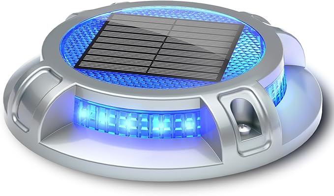 SIEDiNLAR Solar Driveway Lights Outdoor 4 Modes 40 LEDs Marine Dock Light Deck Driveway Markers Waterproof for Garden Step Ground Walkway Pathway Yard, Blue/White Dynamic Lighting (1 Pack)