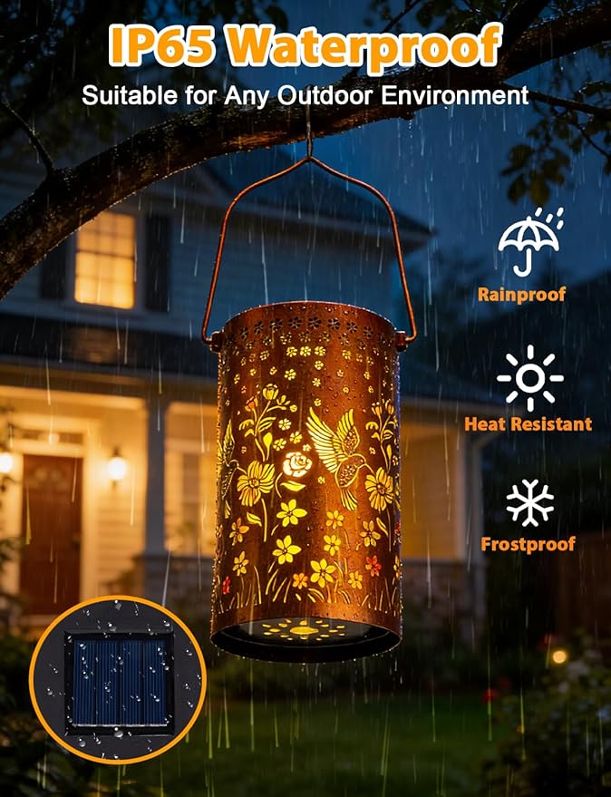 Hummingbird Solar Lanterns Outdoor Waterproof, Garden Decor Gifts for Mom Women Mother Grandma, Metal Lantern Garden Lights with Color Projection, Hanging Solar Lights for Yard Porch Patio