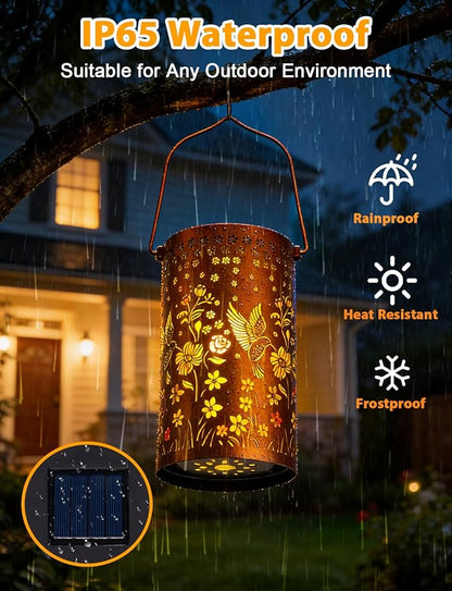 Hummingbird Solar Lanterns Outdoor Waterproof, Garden Decor Gifts for Mom Women Mother Grandma, Metal Lantern Garden Lights with Color Projection, Hanging Solar Lights for Yard Porch Patio