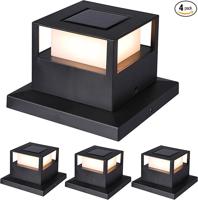 4-Pack Warm White Solar Patio Post Lights, Outdoor LED Caps