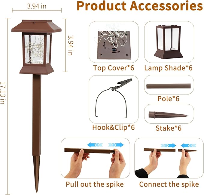 6Pack Solar Pathway Lights Outdoor Waterproof IP65, Solar Lights Outdoor with Hook, Upgraded 1000mAH Battery, Up to 12Hrs, Auto On/Off, Garden Decor for Yard, Driveway, Walkway (LED)