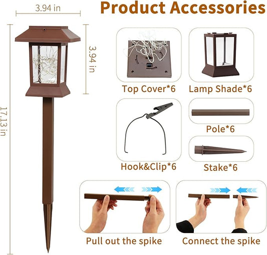 6Pack Solar Pathway Lights Outdoor Waterproof IP65, Solar Lights Outdoor with Hook, Upgraded 1000mAH Battery, Up to 12Hrs, Auto On/Off, Garden Decor for Yard, Driveway, Walkway (LED)