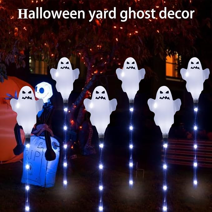 6 Pack Solar Halloween Ghosts Outdoor Decorations, Solar Halloween Lights Outdoor Waterproof, Pathway Lights for Outside Garden Patio Yard Lawn Party Walkway Grave Ghost Decor