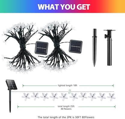 2PK 80LED 50FT Flower Solar String Lights Outdoor Waterproof, Cherry Blossoms Multicolor Lights with 8 Lighting Modes, Garden Decor for Outside, Pathway Light for Fence, Patio, Yard
