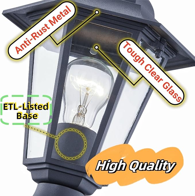 WISBEAM 2 Packs Outdoor Post Light, Pole Lantern, E26 Base 60W Max, Aluminum Housing Plus Glass, Wet Location Rated, ETL Qualified, Bulbs not Included, Black