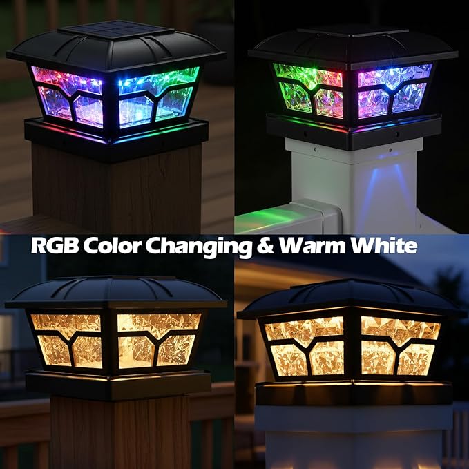 SIEDiNLAR Solar Post Cap Lights Outdoor 2 Color Modes for 4x4 5x5 6x6 Wooden Vinyl Posts Fence Deck Patio Decoration RGB Color Changing/Warm White Lighting Black (6 Pack)