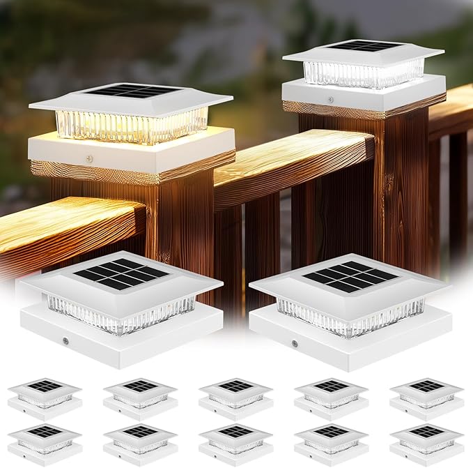 4x4 Solar Post Cap Lights 12 Pack, Fence Post Solar Lights with Warm White/Cool White, Only Fit 4x4 Wood/Vinyl Posts, Waterproof Outdoor Deck Post Light for Deck, Fence, Porch(White)