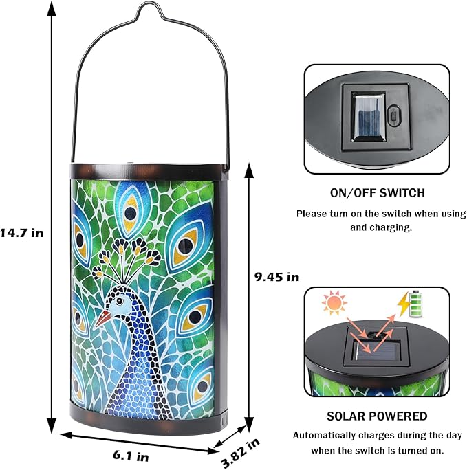 Peacock Solar Lanterns, Waterproof LED Backyard Lights