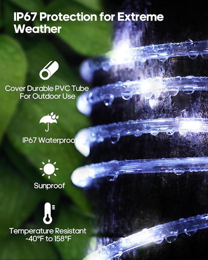ICRGB Solar Rope Lights, 66FT 200LED 1800mAh Outdoor Waterproof Solar Lights with Remote, IP67 String Light with Timing & 8 Modes for Garden Tree Pathway Yard Pool RV Christmas Decor, White