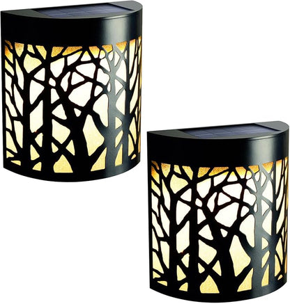 DenicMic Solar Wall Lights Outdoor Wall Sconce Fence Lighting for Patio Front Door Yard Deck Stair Led Forest Decorative Lamps, Waterproof, Warm White/Color Changing (2 Pack)