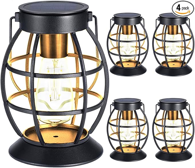 LeiDrail Solar Lantern Outdoor Hanging Waterproof Lights, Metal LED Lanterns Sun Powered Landscape Decor for Table Garden Yard Patio Pathway Porch 4 Pack