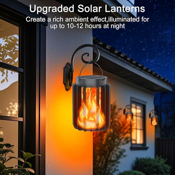 Solar Lanterns Outdoor Lights 2 Pack, Upgraded Flickering Flames Hanging Solar Lights for Outside, Solar Powered Lantern Waterproof, Lanterns Decorative for Yard Patio Garden Decor