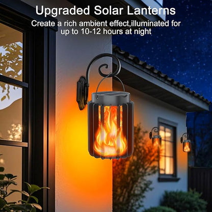 Solar Lanterns Outdoor Lights 2 Pack, Upgraded Flickering Flames Hanging Solar Lights for Outside, Solar Powered Lantern Waterproof, Lanterns Decorative for Yard Patio Garden Decor