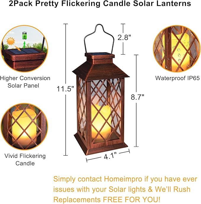 2-Pack Rustic Garden Solar Lanterns for Patio, Waterproof LED