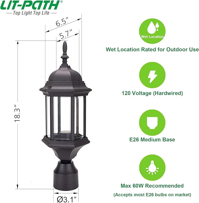 LIT-PaTH Outdoor Post Lighting Fixture Pole Lantern, E26 Medium Base Max 60W, Aluminum Housing Plus Glass, 2-Pack, Black Finish