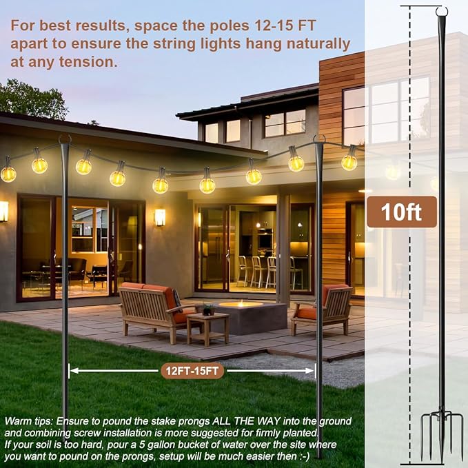 4 Pack String Light Poles for Outside, Upgraded Heavy-Duty Metal Light Poles for Outdoor String Lights with Fork, Adjustable Lighting Accessories for Patio Decor Backyard Pergola Garden Decorations