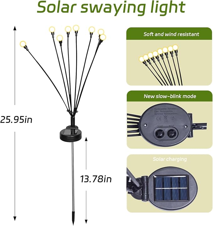 2 Packs Firefly Lights Solar Outdoor, 16 LED Warm Solar Walkway Lights Outdoor, Waterproof Garden Decor with 2 Modes, Lawn Lights for Front Yard Backyard Yard and Pathway