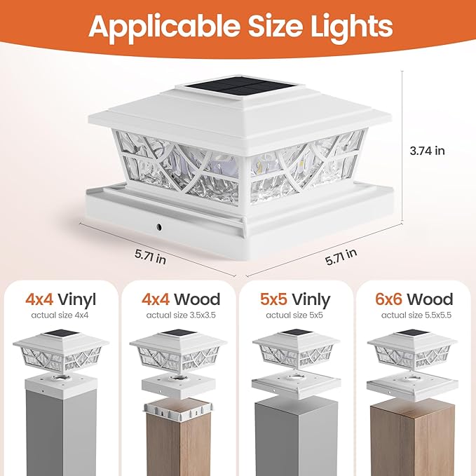 APONUO Fence Post Solar Lights 4 Pack - 5x5 Solar Post Cap Lights White for Vinyl Fence, IP64 Waterproof, Fits 4x4 5x5 6x6 Wood/Vinyl Posts, Auto On/Off, Deck, Patio, Porch & Yard (Warm/Cool White)