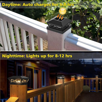 T-SUN Solar Post Cap Lights 6 Pack – Outdoor Waterproof Fence Lights for 3.5x3.5 4x4 5x5 5.5x5.5 Wood/Vinyl Posts, 2 Modes Warm White/White, Solar Deck Light for Patio, Garden, Porch (Black)
