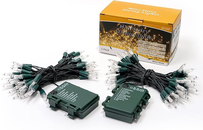 2-Pack Christmas String Lights, 16ft 50 LED Waterproof Twinkle Lights