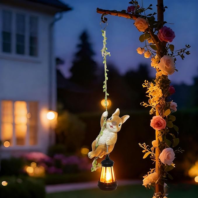 Easter Yard Décor, Solar Hanging Bunny Rabbit Statue, Outdoor Resin Animal Figurine with LED Lights for Garden, Fence, Porch, Patio, Yard Decor, Dusk to Dawn Auto On/Off