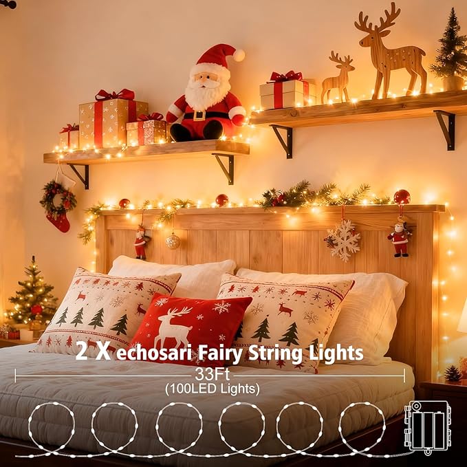 2 Pack Fairy Lights Battery Operated, 200 LED 66Ft Silver Wire Twinkle String Light 8 Modes Auto Timer Mini Christmas Fairy Lights for Bedroom Wedding Decor (Warm White)